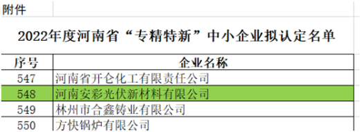 祝賀！光伏新材料通過河南省“專精特新”中小企業(yè)認定